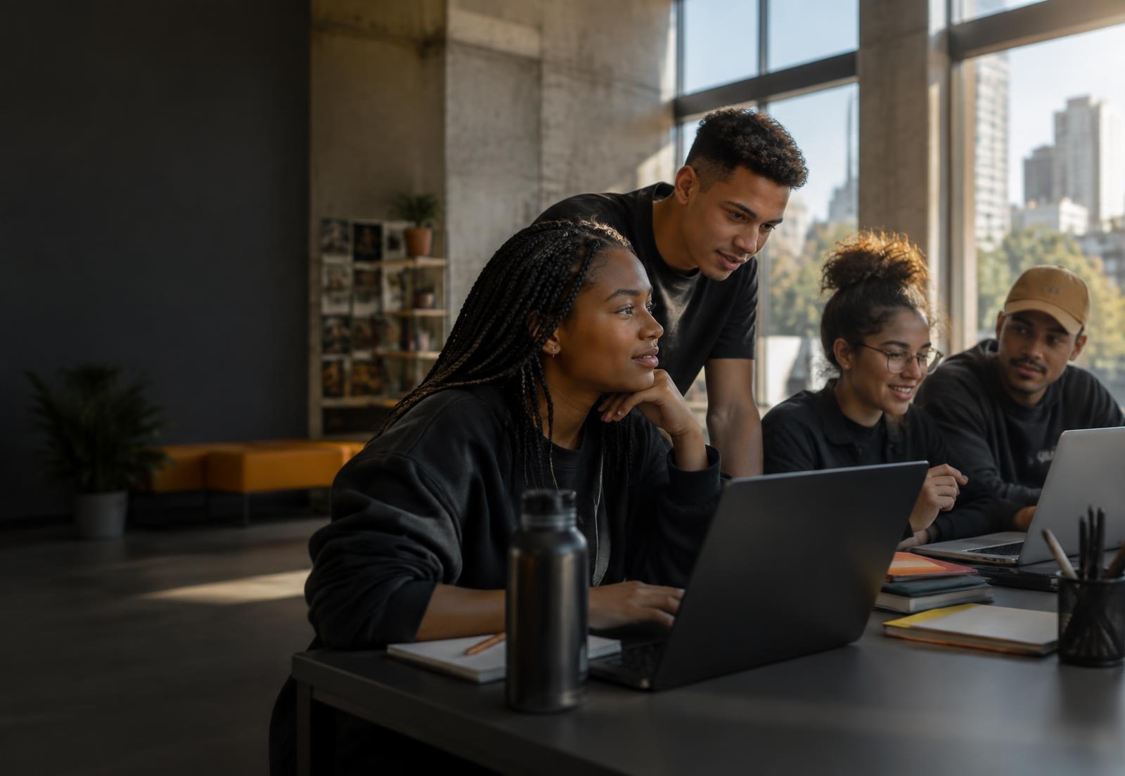 Jovens brasileiros colaborando em uma formação de tecnologia